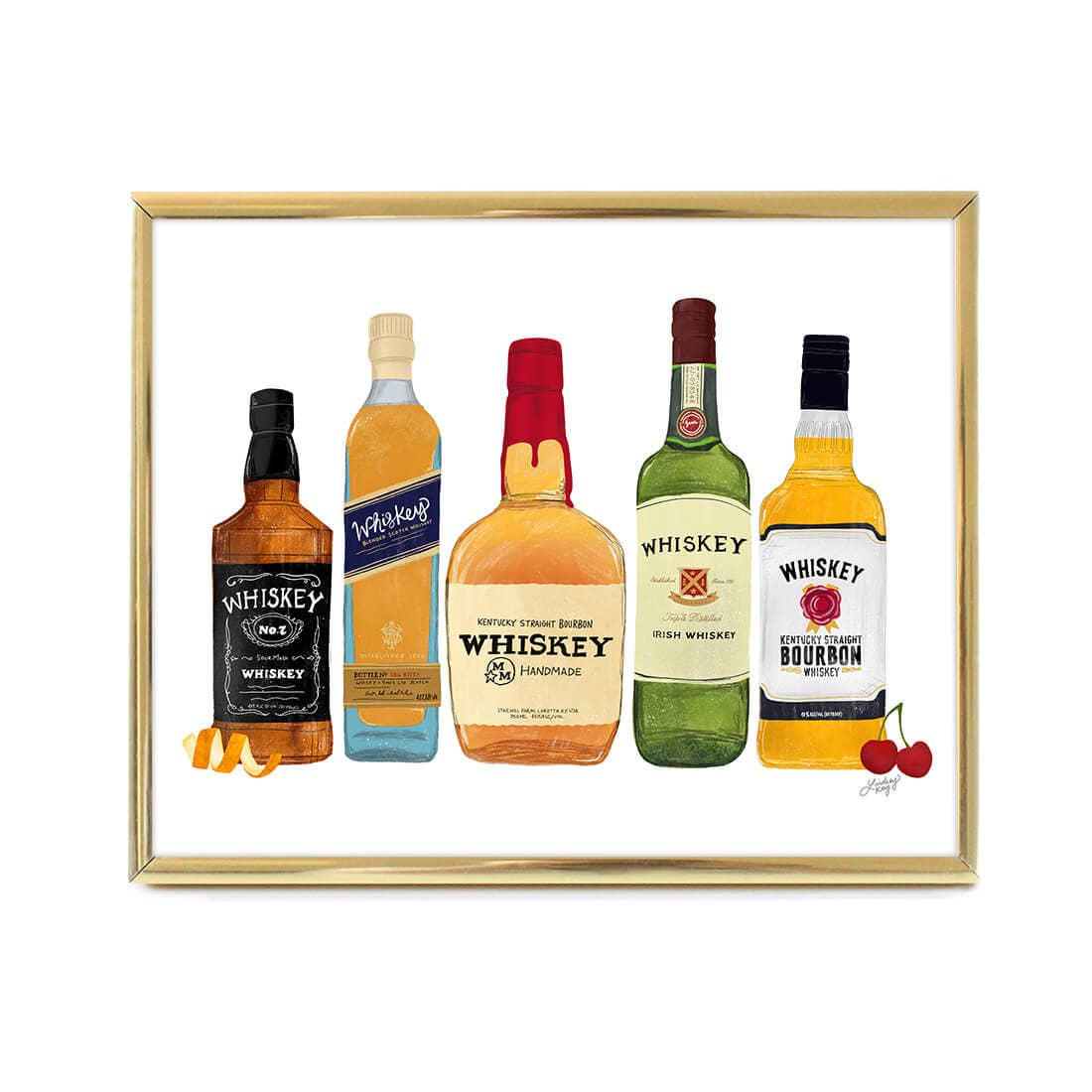 Hand drawn whiskey bottles art print perfect bar cart decor
